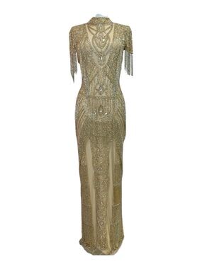 Gold Beaded Fringe Evening Dress